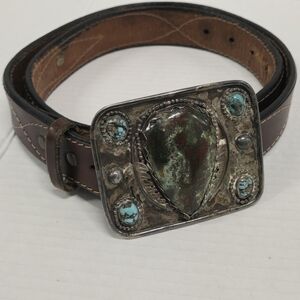 Vintage Native American Sterling Silver Turquoisel Belt Buckle SZ 38